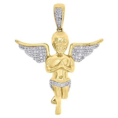 10 K gult guld Diamond Praying Hands 3D Angel Pendant 1,60" Pave Charm 0,25 ct.