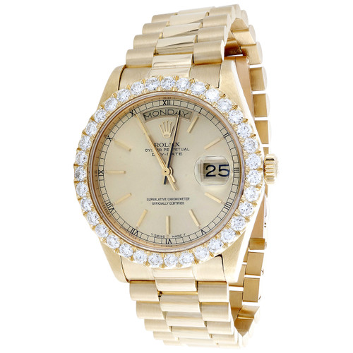 Montre homme en or jaune 18 carats 36 mm Rolex day-date président 18038 diamant 3,50 ct.