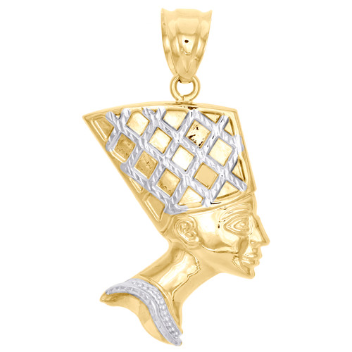 10K Yellow Gold Two Tone Diamond Cut Nefertiti Egyptian Queen Pendant 1.6" Charm