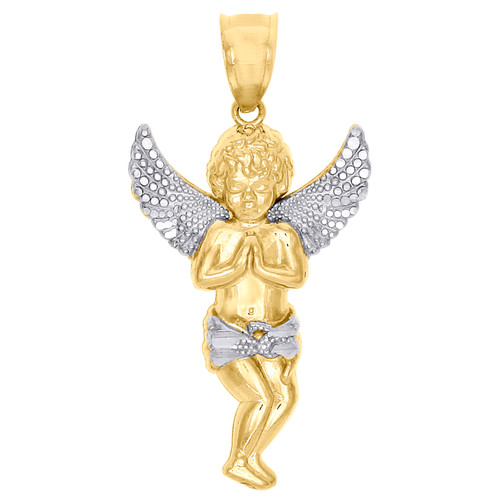 colgante de ángel orante en oro amarillo de 10 quilates con talla de diamante en dos tonos, dije unisex de 1,20"