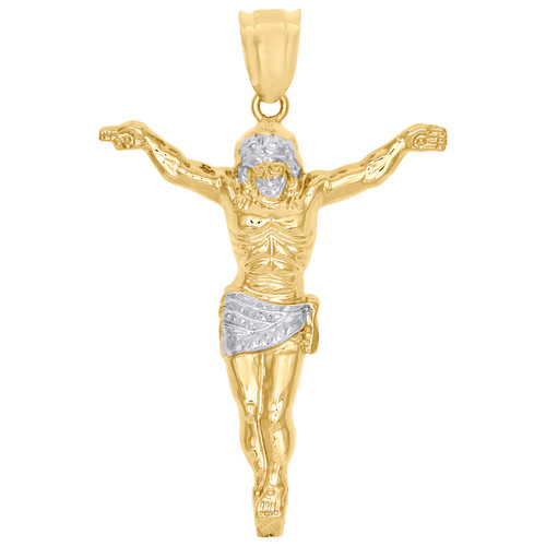 Real 10K Yellow Gold Two Tone Diamond Cut Crucifix Jesus Body Pendant Charm 2"