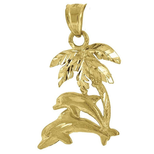 10K Yellow Gold Palm Tree and Dolphins Pendant 1.0" Animal Charm
