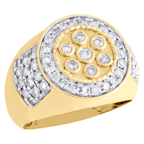 10K Yellow Gold Diamond Statement Pinky Ring Round Cut Bezel Top Band 1.49 CT.