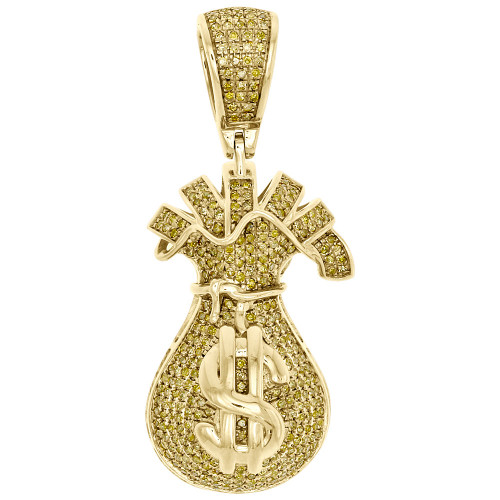 pendentif de sac d'argent en or jaune 10 carats avec véritable diamant jaune, breloque signe dollar 0,80 ct.