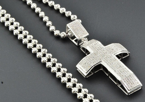 Diamond Cross Pendant .925 Sterling Silver Mens Domed Charm with Moon Cut Chain