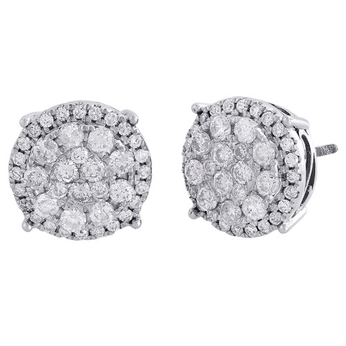 14K White Gold Round Diamond Cluster Halo Studs 13mm Tiered Circle Earrings 2 CT