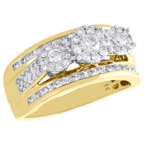 14K Yellow Gold Three Stone Cluster Diamond Engagement Ring Flower Set 1 CT.