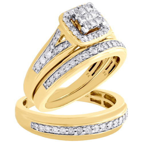 10-karätiges Gelbgold-Diamant-Trio-Set mit passendem quadratischem Verlobungsring und Band von 3/4 ct.