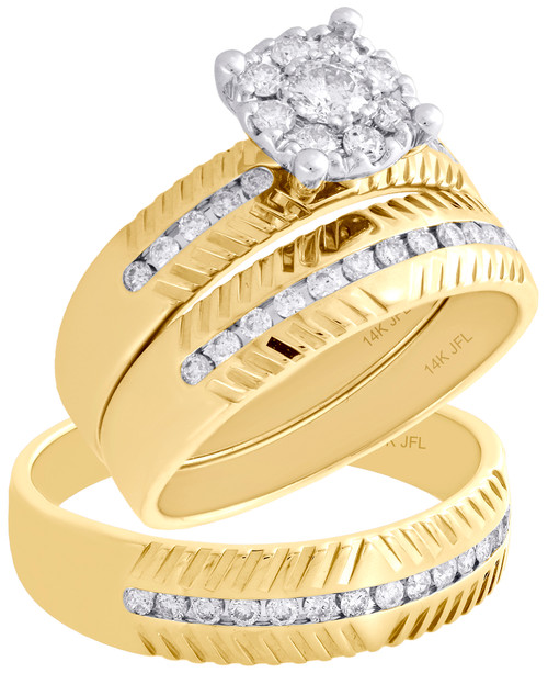 conjunto de trío de diamantes en oro amarillo de 14 k, anillo de compromiso y alianza de boda a juego, 0,75 ct