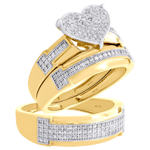 10K Yellow Gold Diamond Trio Set Matching Heart Engagement Ring & Band 1/2 Ct.