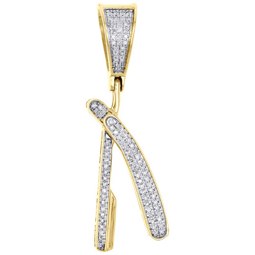 10K Yellow Gold  Diamond Straight Razor Blade Barber Shop Pendant Charm 0.20 CT.