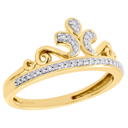 10K Yellow Gold 1 Row Diamond Queen's Crown Right Hand Cocktail Ring 1/10 Ct.