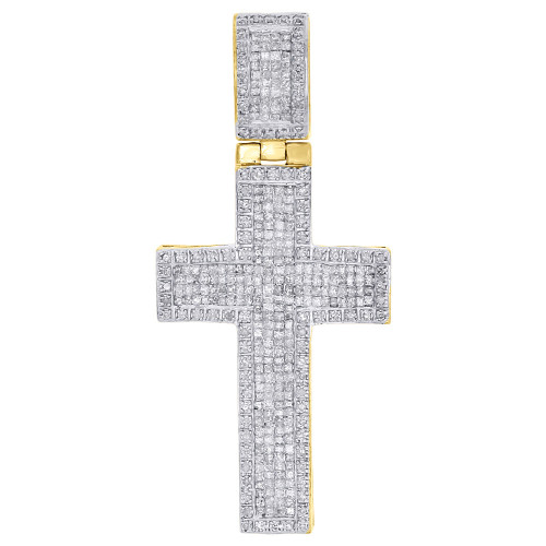 10K Yellow Gold Round & Princess Diamond Cross Pendant 2" Concave Charm 1.62 ct.