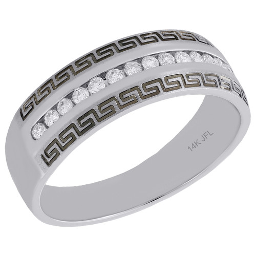 14K White Gold Channel Set Round Diamond Greek Key Wedding Band 7mm Ring 1/4 CT.