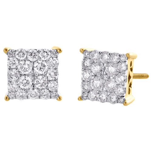 10K Yellow Gold Round Diamond 4 Prong Sqaure Cluster Studs 8mm Earrings 1 CT.