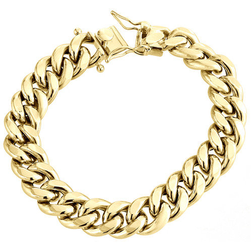 Pulsera de eslabones cubanos Miami hueco 3D de oro amarillo de 10 quilates para hombre, cierre de caja de 14 mm, 9 pulgadas