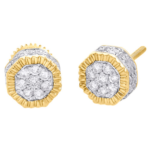 10K Yellow Gold Diamond Octagon Flower Cluster Fluted Stud 7.5mm Earrings 1/2 CT