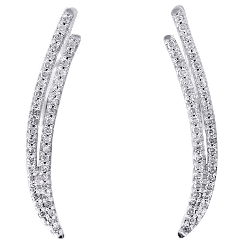 10K White Gold Real Diamond Double Two Row Ear Climber Earrings 0.95" | 1/4 CT.