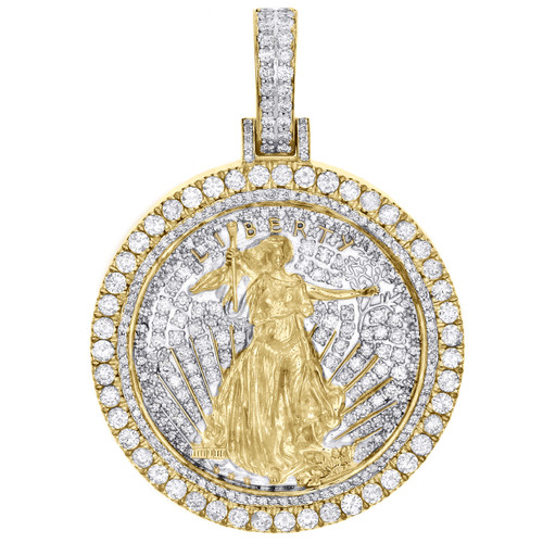 pendentif médaillon Lady Liberty en or jaune 10 carats avec diamant rond, breloque 2,15 pouces, 3,76 ct