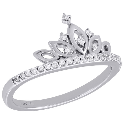 10K White Gold Ladies Round Diamond Queen Crown Right Hand Cocktail Ring 1/6 Ct.