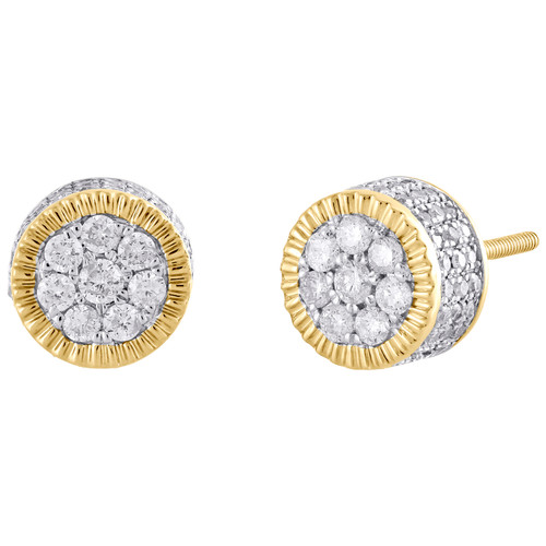 10K Yellow Gold Diamond 3D Circle Fluted Cluster Studs 8.25mm Earrings 3/4 CT.