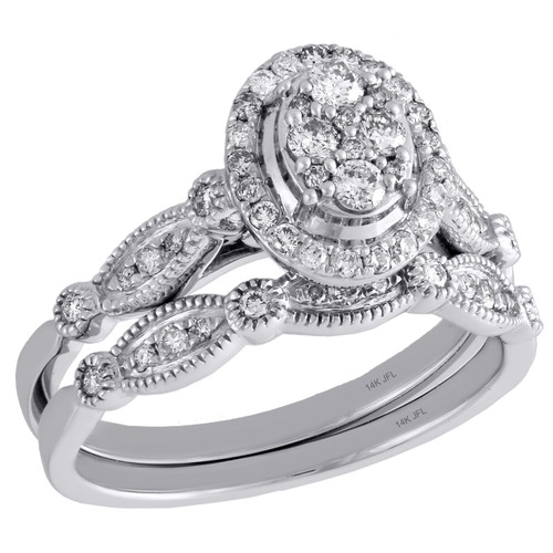 14K White Gold Diamond Bridal Set Oval Engagement Ring + Wedding Band 0.50 Ct.