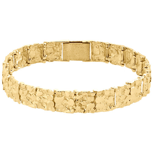 Mens Real 10K Yellow Gold Solid Nugget Ore Style Fancy Link Bracelet 11mm | 8.5"