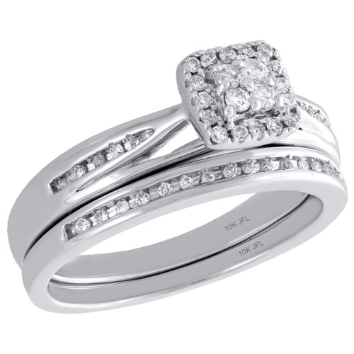 10K White Gold Diamond Bridal Set Halo Engagement Ring + Wedding Bad 0.25 Ct.