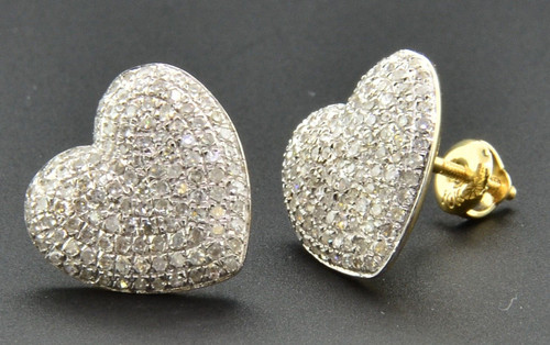 Heart Shape Diamond Studs Domed Ladies 10K Yellow Gold Pave Earrings 0.77 Ct.
