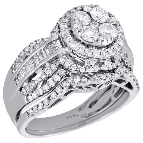 14-karätiges Weißgold-Diamant-Brautset mit Halo-Verlobungsring und Ehering von 1,5 ct.