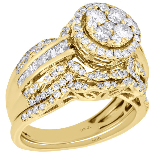 14K Yellow Gold Diamond Bridal Set Flower Engagement Ring + Wedding Band 1.5 Ct.