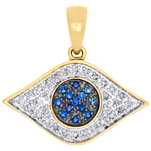 14K Yellow Gold Round Diamond & Blue Created Sapphire Evil Eye Pendant 0.22 CT.