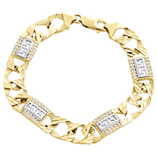 10 karat gult guld diamantskåret tekstur figaro link 11 mm græsk nøgle fancy armbånd 9"