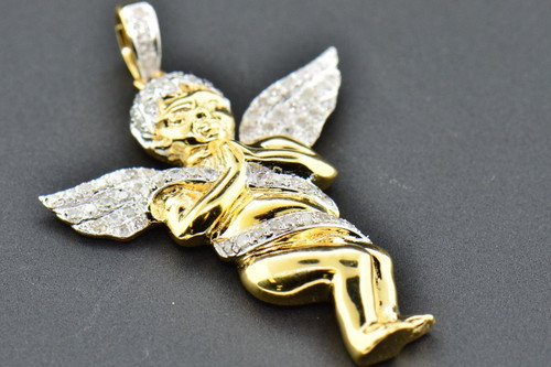 Diamond Mini Angel 3D Pendant .925 Sterling Silver Yellow Finish Charm 0.50 CT