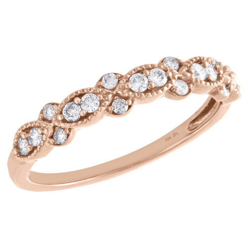 stapelbarer Ring aus 10-karätigem Roségold mit tropfenförmigem Milgrain-Rand und Diamanten für die rechte Hand, 1/4 ct.