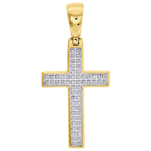 pendentif mini croix en or jaune 10 carats avec diamant véritable 1,65" pour homme, breloque pavé 1/6 ct.