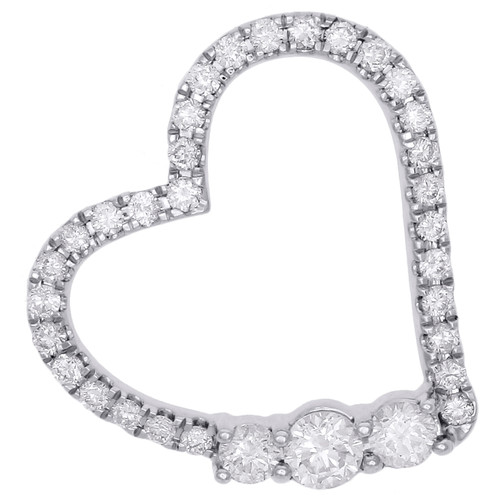 14K White Gold Diamond 3 Stone Sideways Open Heart Fancy Pendant 0.9" Slide 1 CT
