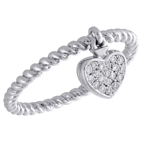 10K White Gold Round Diamond Dangling Heart Braided Right Hand Ring 1/10 Ct.