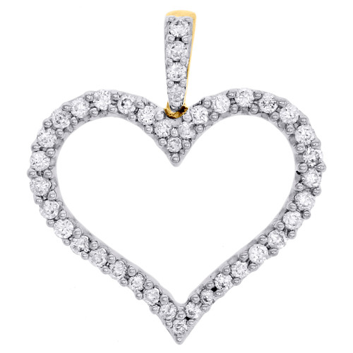 14K Yellow Gold Round Diamond Cut Out Frame Heart Pendant Ladies Charm 0.50 Ct.