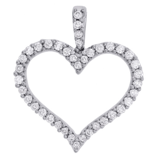 14K White Gold Round Diamond Cut Out Frame Heart Pendant Ladies Charm 0.50 Ct.