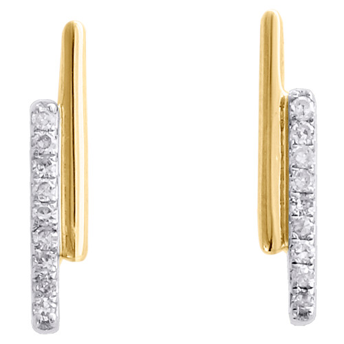 10K Yellow Gold Round Diamond Double Bar Stud Ladies Screw Back Earrings 1/12 Ct