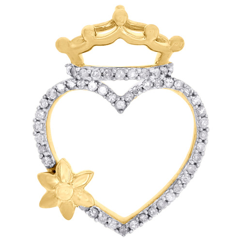 pendentif fleur de soleil en or jaune 10 carats avec diamant rond en forme de couronne de cœur, breloque de 0,90 po, 1/4 ct.