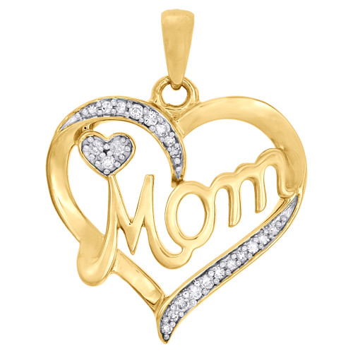 colgante de doble corazón de mamá con diamante redondo genuino de oro amarillo de 10 k, dije de 1 ", 1/8 qt.