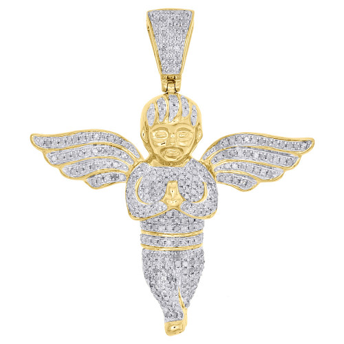colgante de ángel 3D con manos en oración y diamantes en oro amarillo de 10 quilates, dije de pavé de 2 ", 1,50 qt.