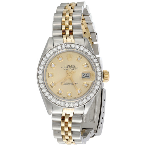 ROLEX LADIES OYSTER PERPETUAL FACTORY DIAMOND DIAL 18K GOLD WATCH + 1CT  BEZEL