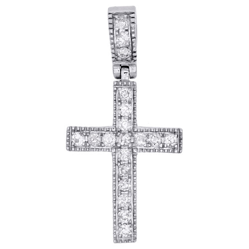 14K White Gold Round Diamond 1 Row Cross Pendant Milgrain Edge Charm 0.20 Ct.