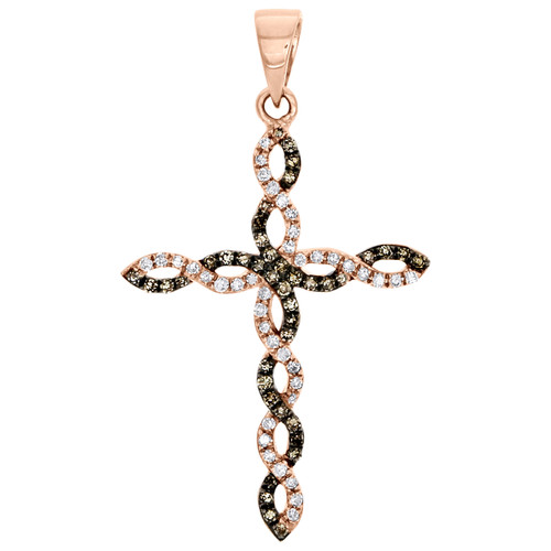 14K Rose Gold Brown Diamond Braided Cross Pendant Infinity Style Charm 1/5 Ct.