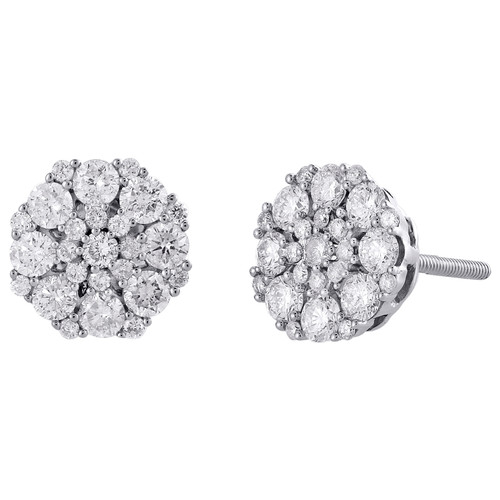14K White Gold Round Diamond Flower Studs Small 8.5mm Cluster Earrings 1 Ct.