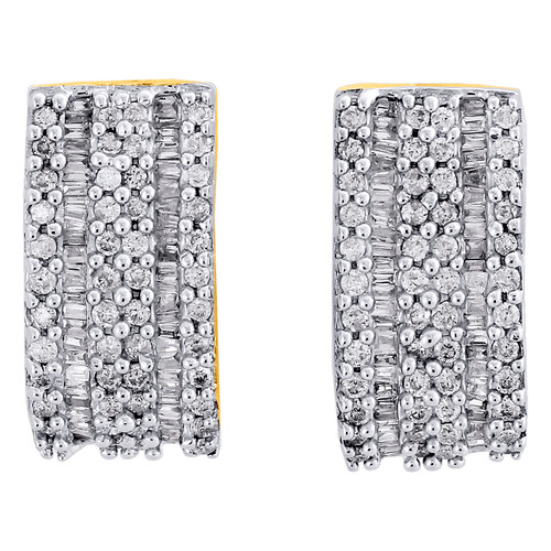 14K Yellow Gold Baguette Diamond Ladies Hoops 6 Row Huggie Earrings 0.88 Ct.