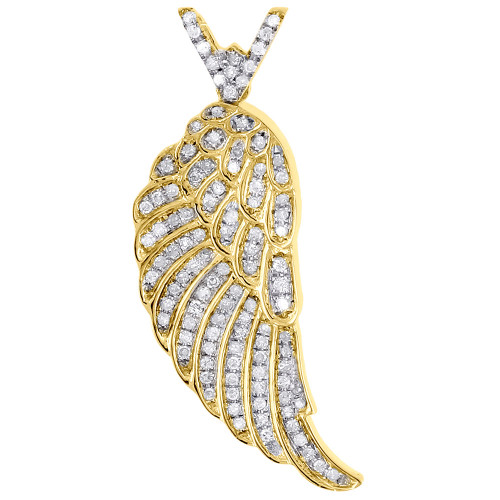 Diamond Angel Wing Pendant 10K Yellow Gold Mens Round Cut 1.75" Charm 0.75 Ct.